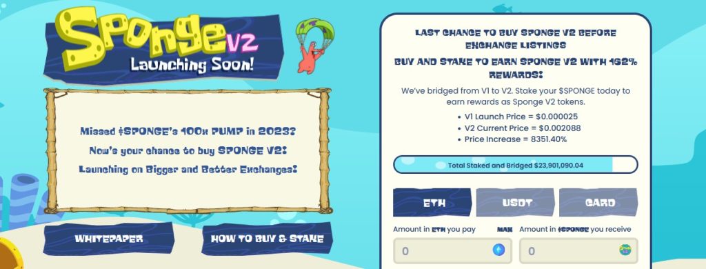 Screenshot of the homepage of SpongeV2 crypto coin
